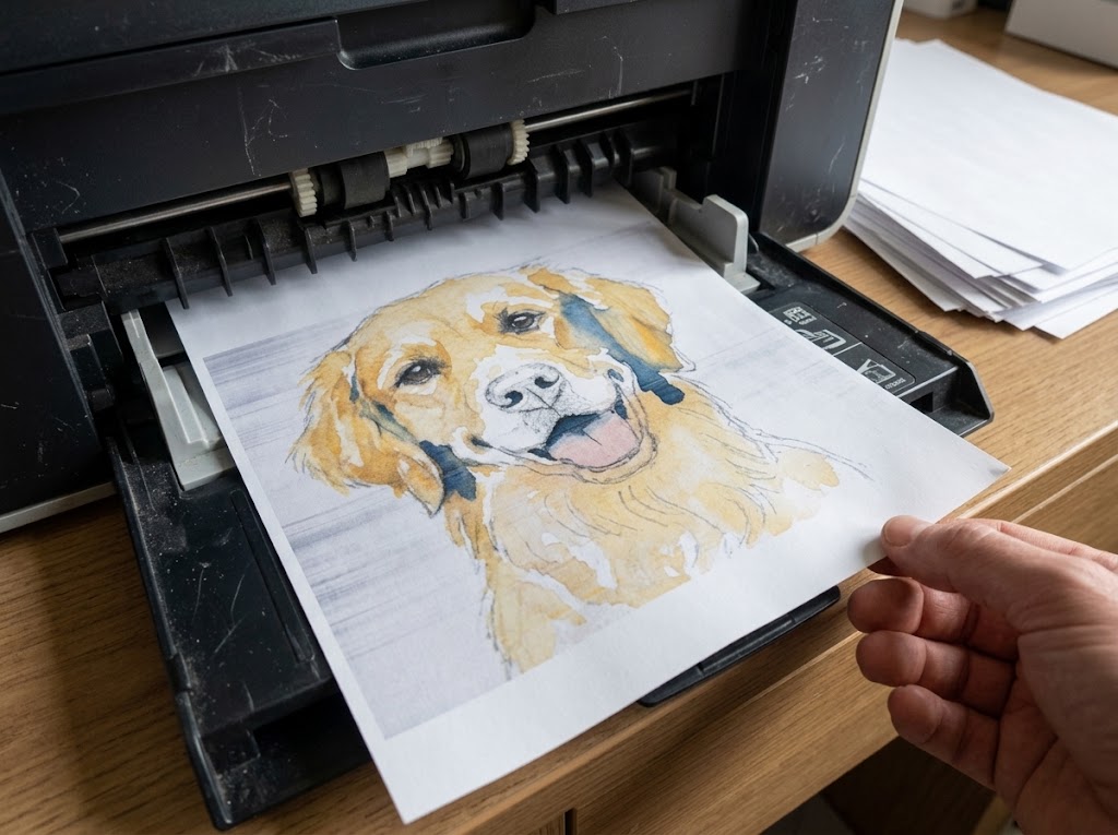 Printer outputting a watercolor-style image