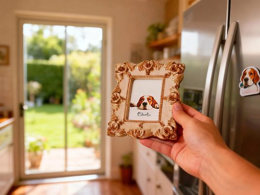 Custom hand-painted pet portraits  | Custom vintage-style refrigerator magnets