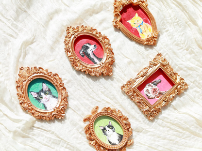 Custom hand-painted pet portraits  | Custom vintage-style refrigerator magnets