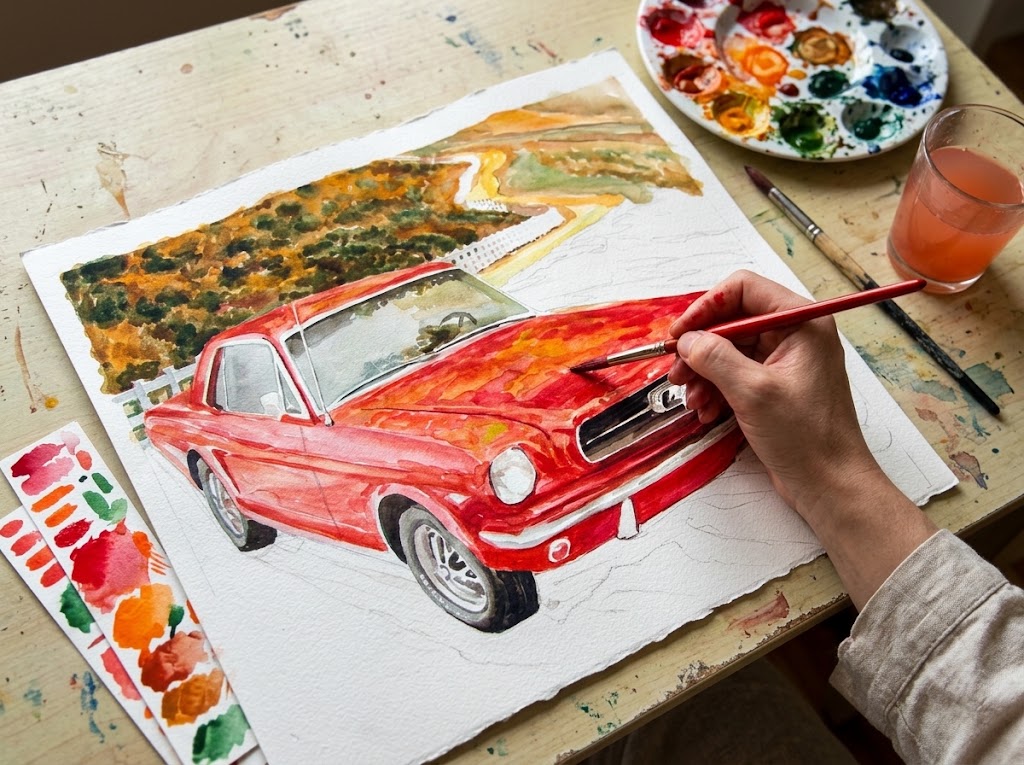 Artist hand-painting a custom watercolor portrait