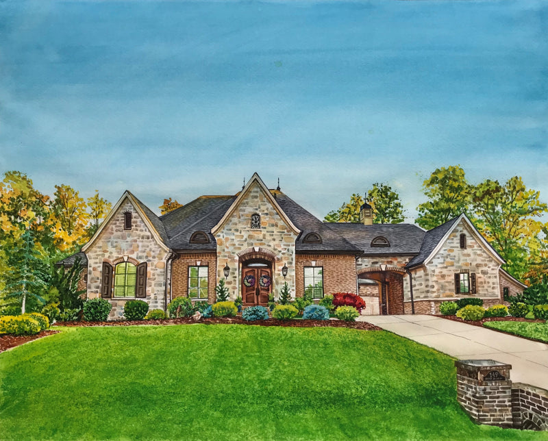 Custom Hand-Painted Home & Family Watercolor Portrait