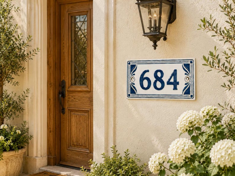 Personalized hand-painted ceramic house number plaque - 11