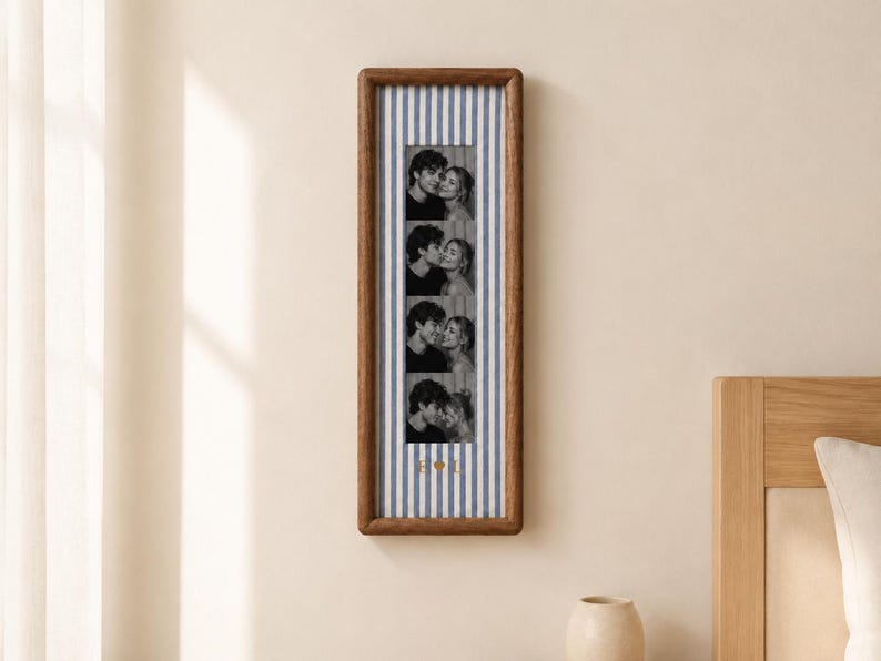 Personalized striped wooden photo booth strip frame with custom initials