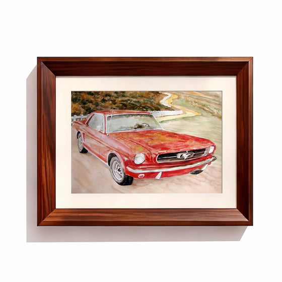 Car watercolor Dark Wood Frame option