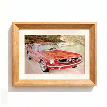 Car watercolor Natural Wood Frame option