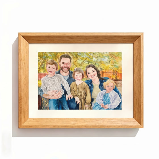 Family watercolor Natural Wood Frame option