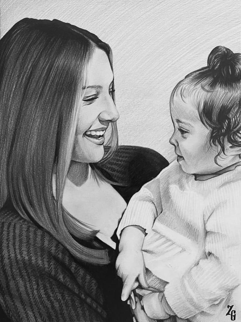 父母与孩子 - graphite pencil drawing - 1