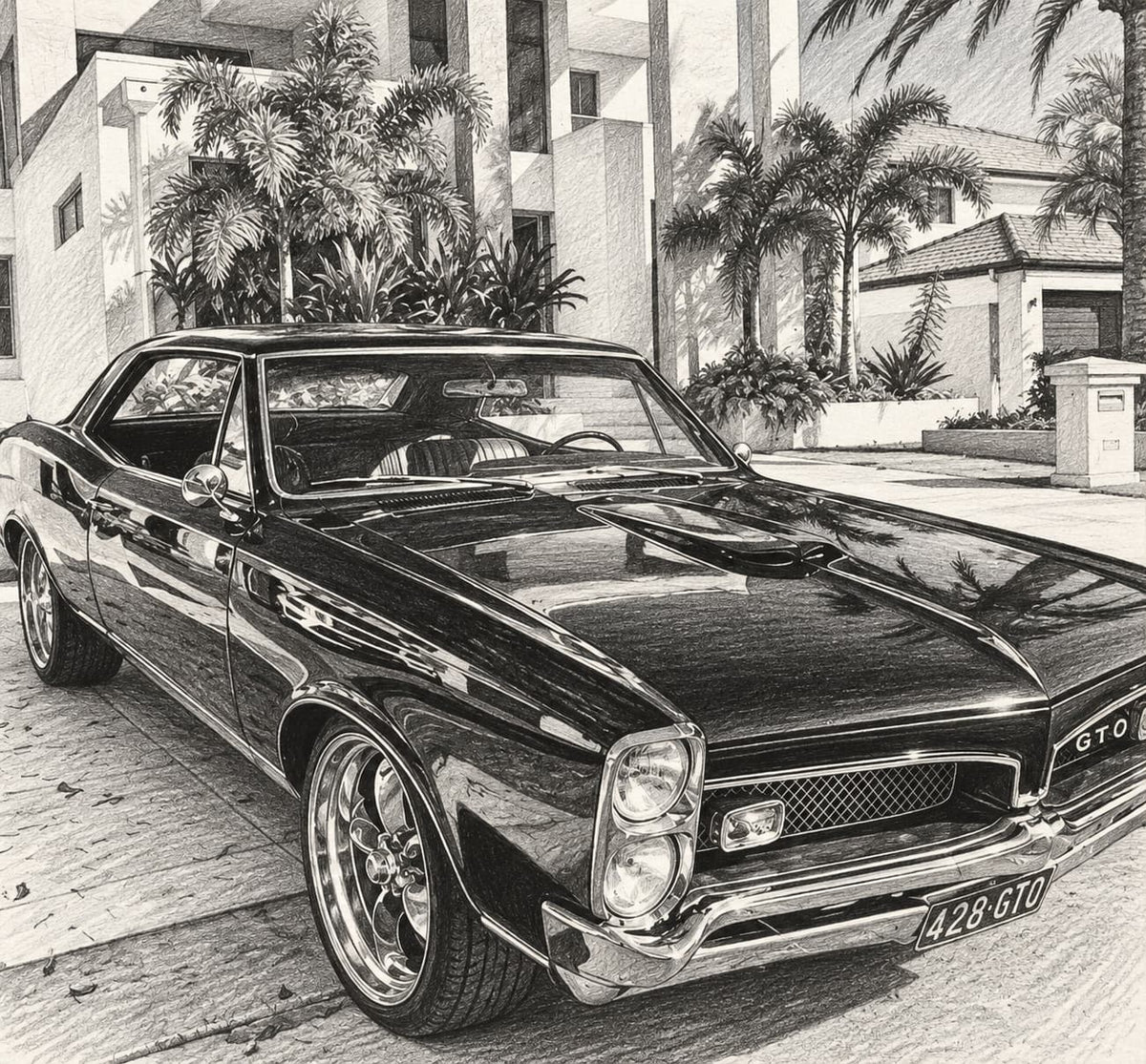 Graphite pencil drawing - car portrait